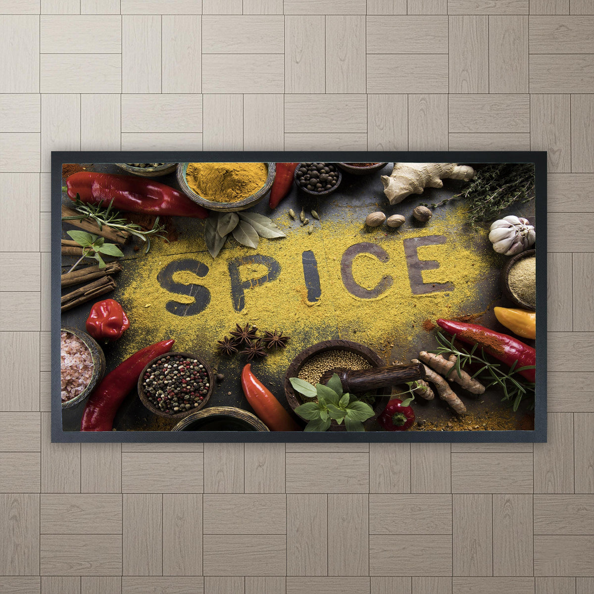 Spice Kitchen Mat, Colorful Chef Herbs Seasonings Decor, Non-Slip Foodie Area Rug