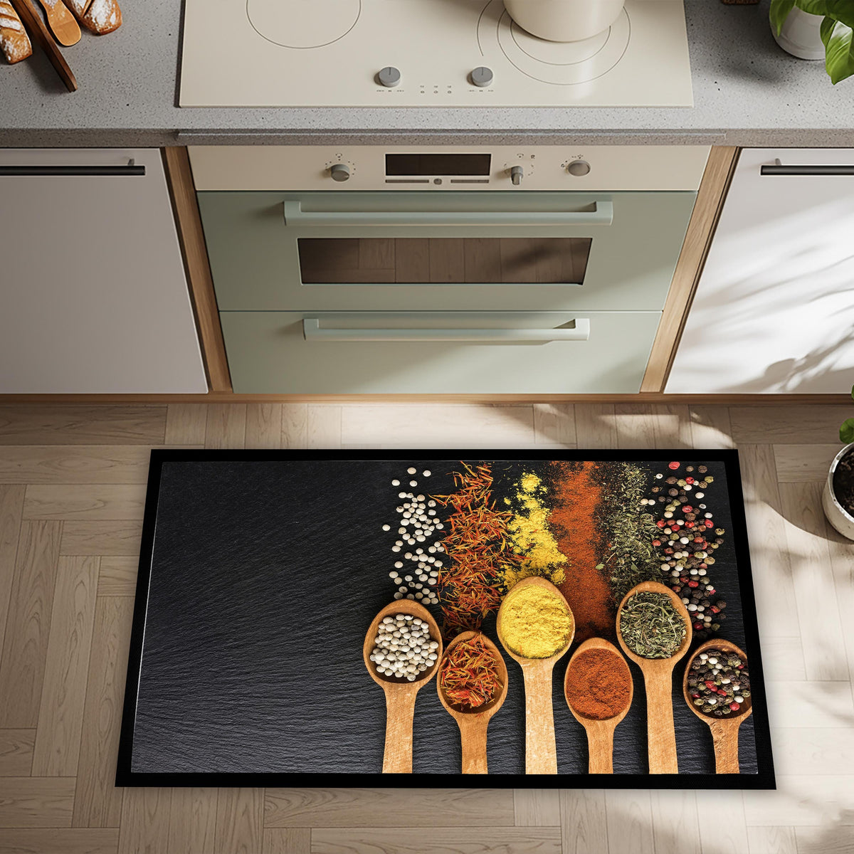 Spice Kitchen Mat, Colorful Chef Herbs Seasonings Decor, Non-Slip Foodie Area Rug