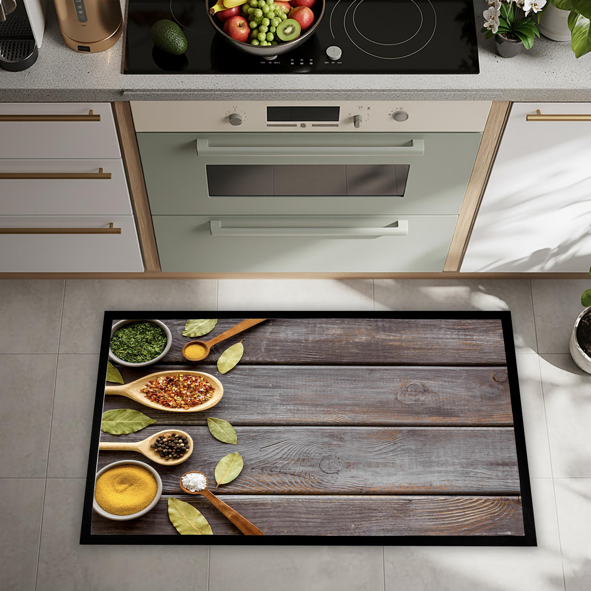 Spice Kitchen Mat, Colorful Chef Herbs Seasonings Decor, Non-Slip Foodie Area Rug