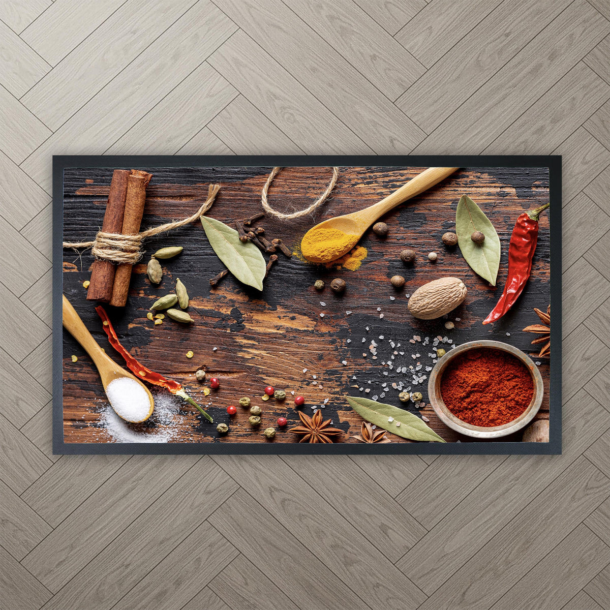 Spice Kitchen Mat, Colorful Chef Herbs Seasonings Decor, Non-Slip Foodie Area Rug