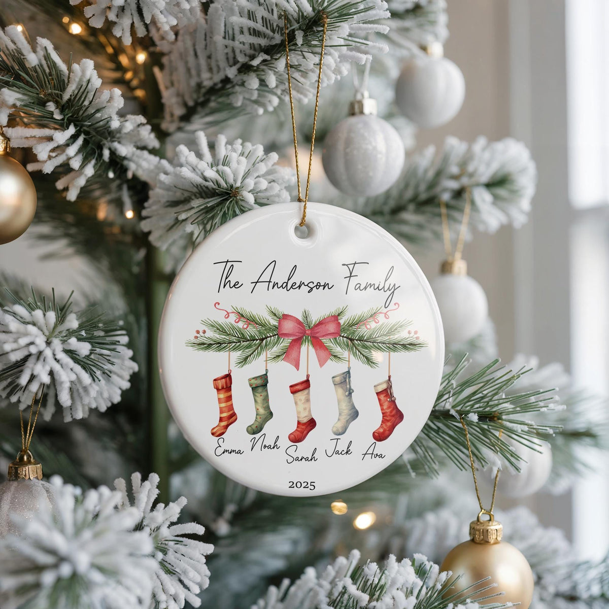 Personalized Family Christmas Ornament, Stocking Design Ceramic Keepsake