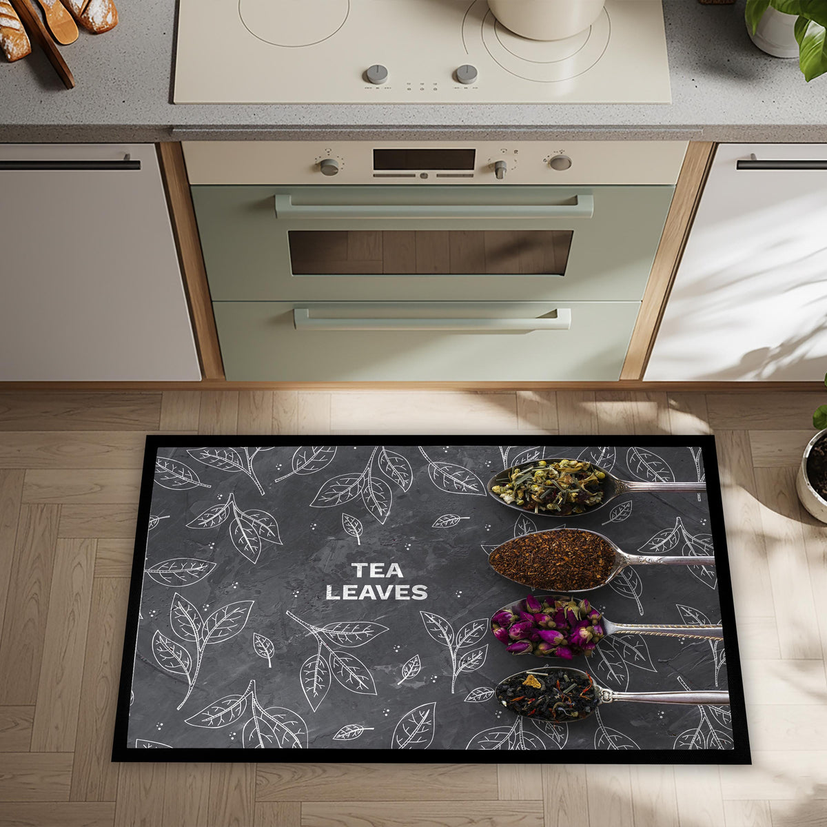 Tea Leaves Kitchen Floor Mat, Sublimation Printed Herbs Spoon Decor Rug