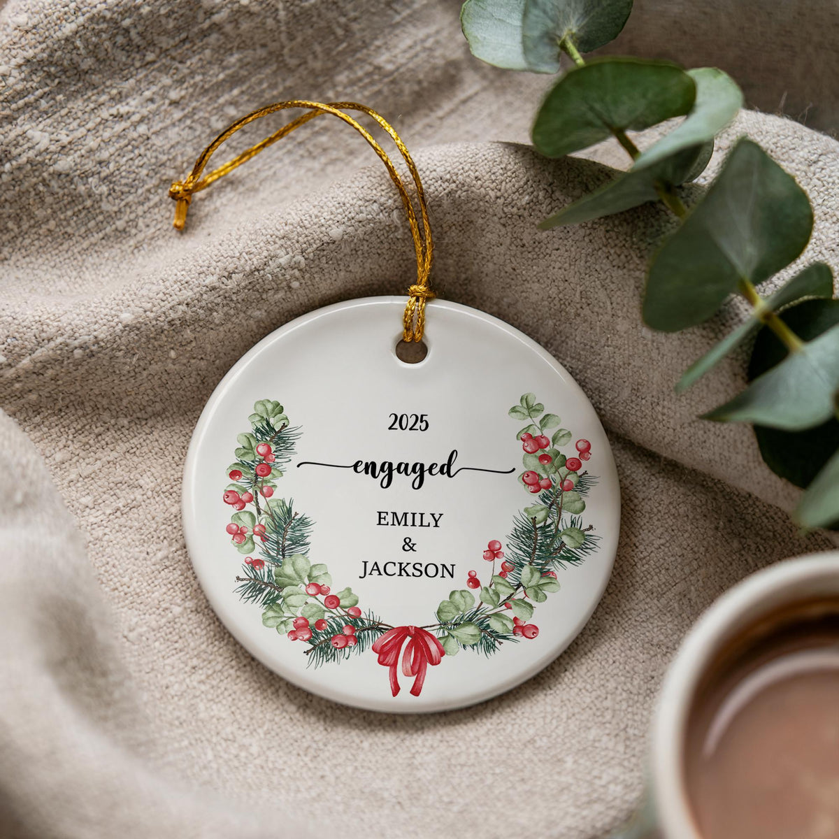 Personalized Engagement Ornament, Watercolor Wreath Ceramic Keepsake
