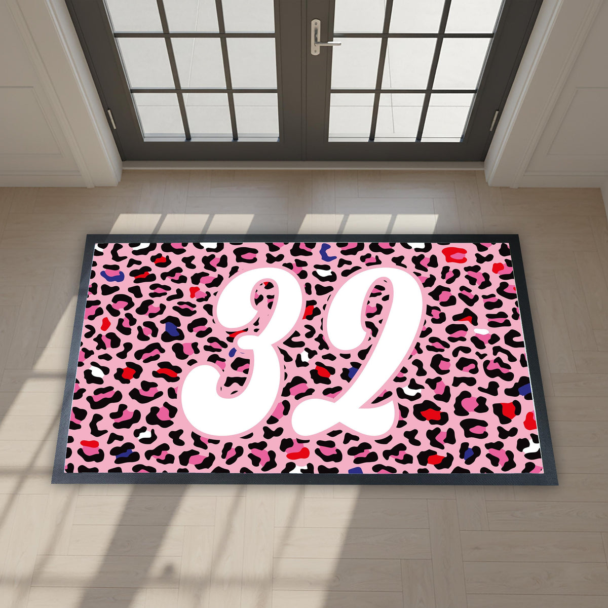 Pink Leopard Print Doormat with Your House Number, Bold Welcome Mat for Front Porch or Entryway