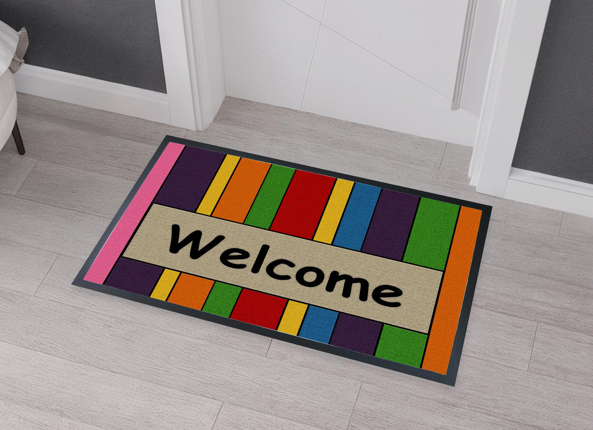 Rainbow Striped Welcome Doormat, Modern Boho Entryway Mat, Pride Home Decor Rug