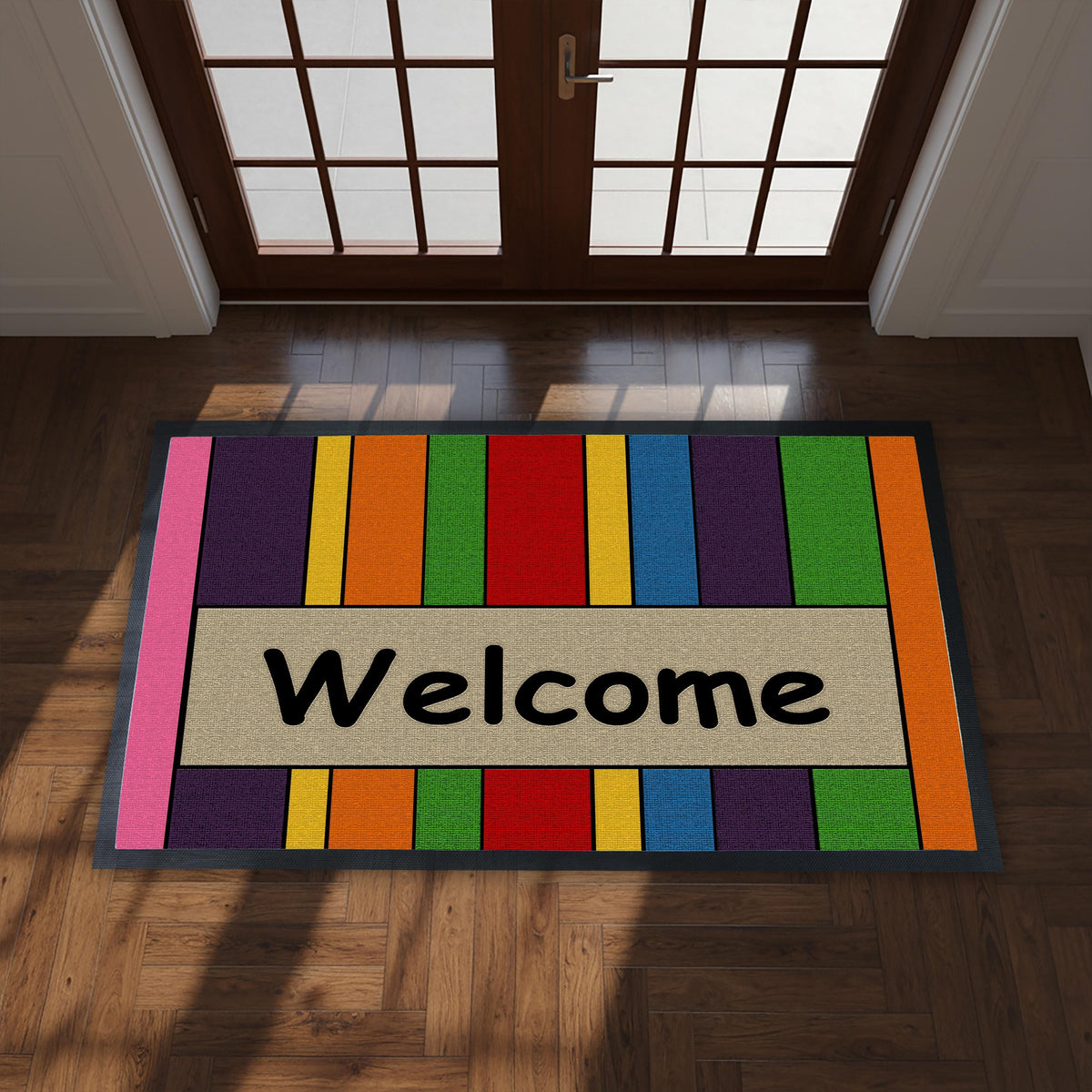 Rainbow Striped Welcome Doormat, Modern Boho Entryway Mat, Pride Home Decor Rug