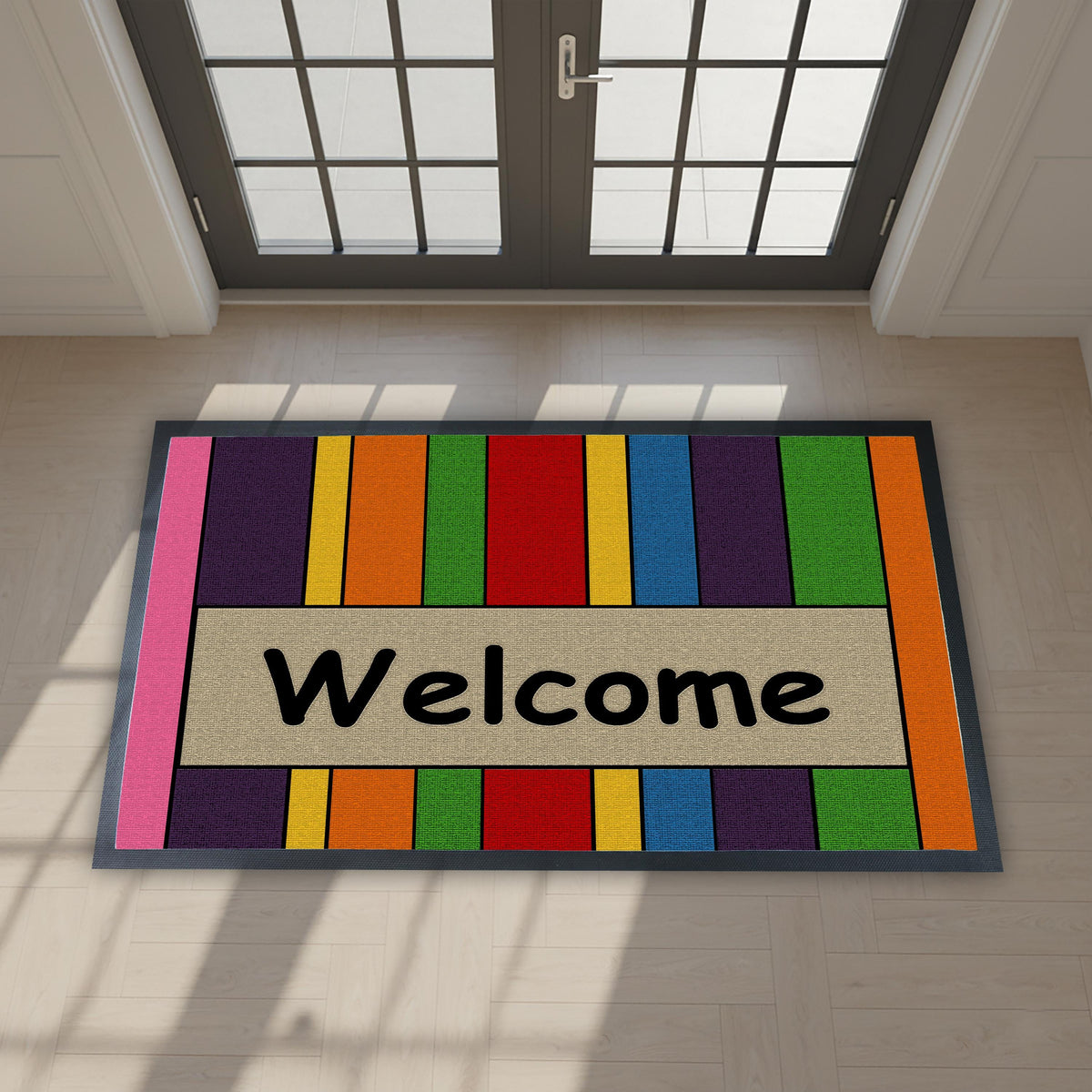 Rainbow Striped Welcome Doormat, Modern Boho Entryway Mat, Pride Home Decor Rug