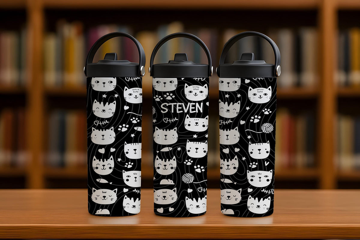 Cute Cat Faces Pattern Tumbler With Foldable Straw, Personalized Cat Lover Kids Water Bottle