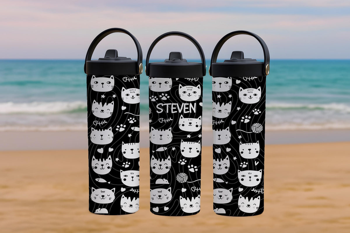 Cute Cat Faces Pattern Tumbler With Foldable Straw, Personalized Cat Lover Kids Water Bottle
