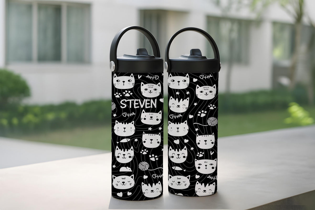 Cute Cat Faces Pattern Tumbler With Foldable Straw, Personalized Cat Lover Kids Water Bottle