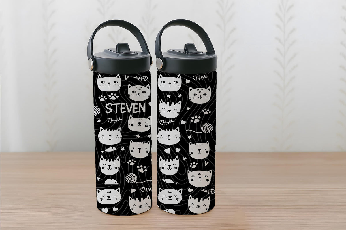 Cute Cat Faces Pattern Tumbler With Foldable Straw, Personalized Cat Lover Kids Water Bottle