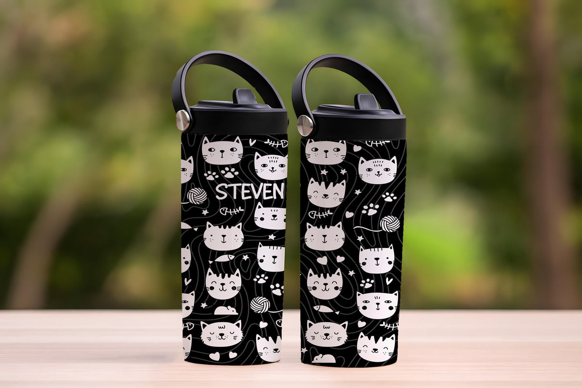 Cute Cat Faces Pattern Tumbler With Foldable Straw, Personalized Cat Lover Kids Water Bottle
