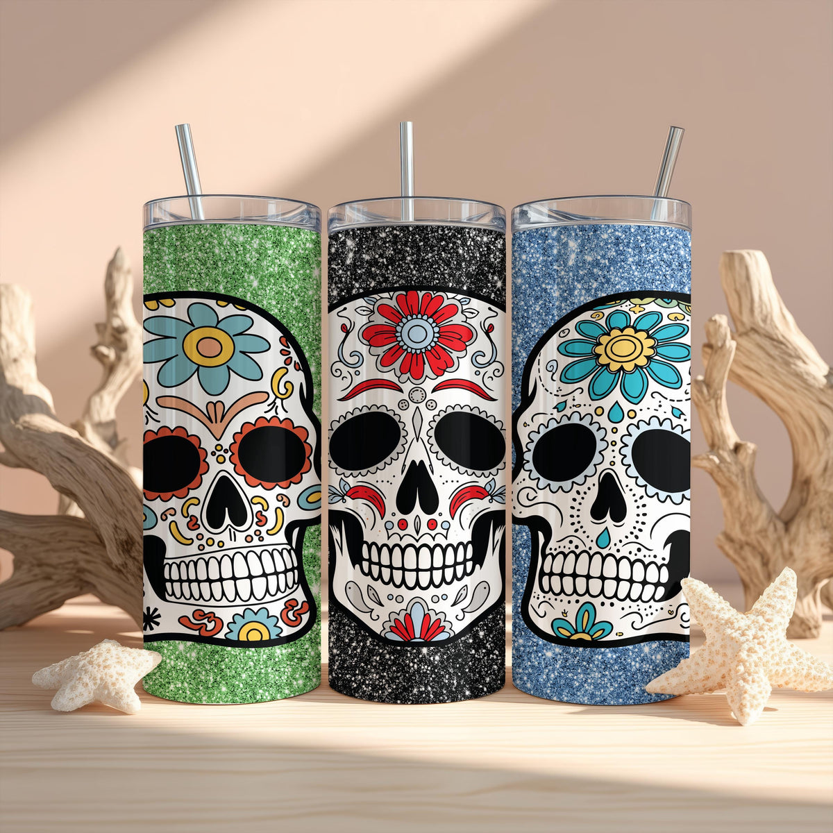 Custom Glitter Sugar Skull Tumbler, Dia de Muertos Travel Bottle