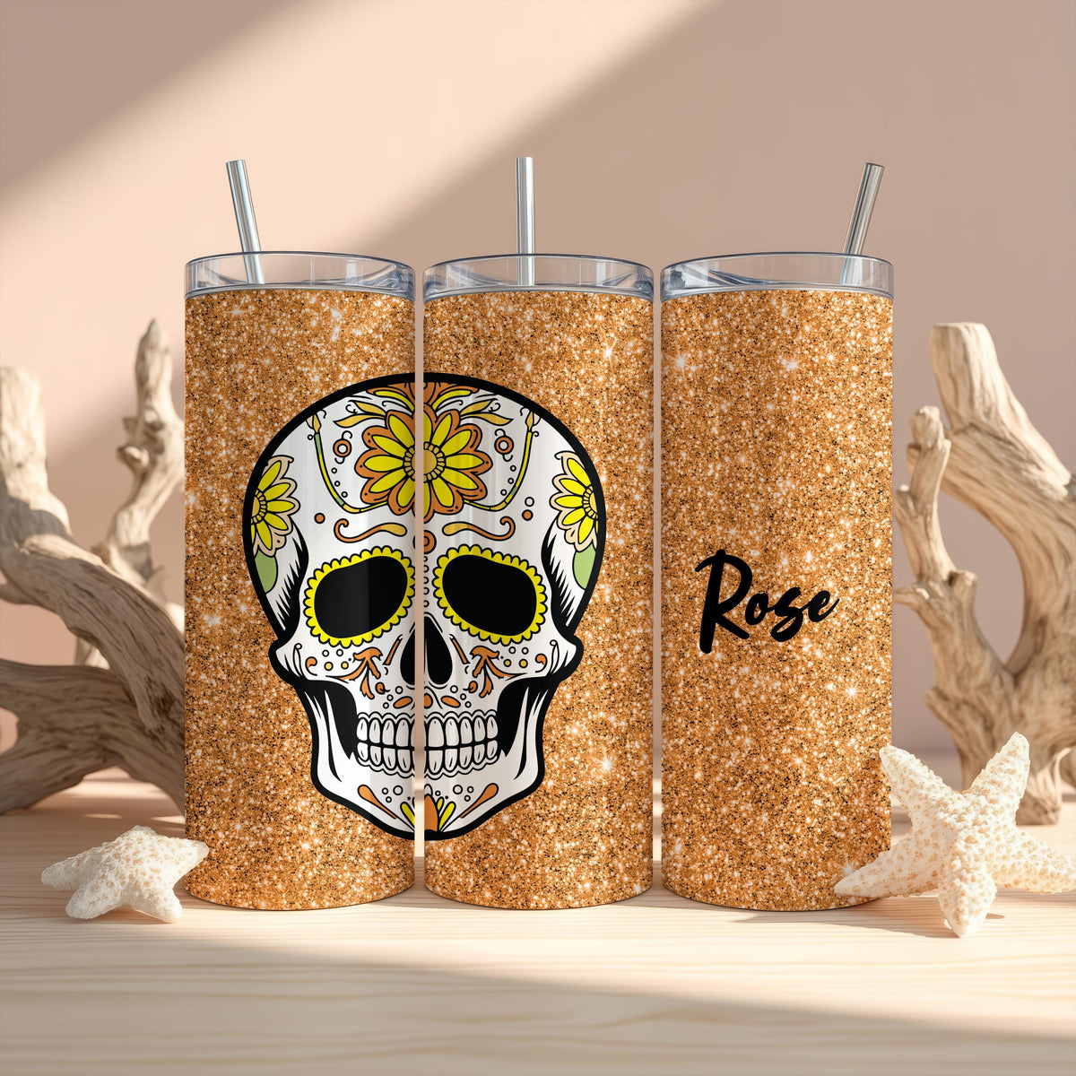 Custom Glitter Sugar Skull Tumbler, Dia de Muertos Travel Bottle