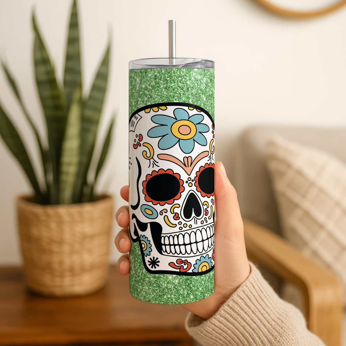 Custom Glitter Sugar Skull Tumbler, Dia de Muertos Travel Bottle