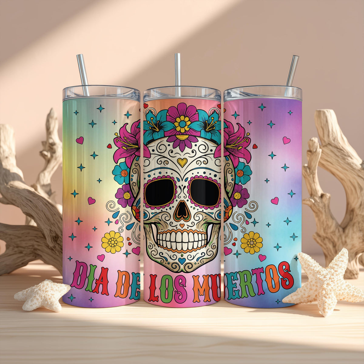 Dia De Los Muertos Tumbler, Floral Sugar Skull Cup with Straw, Day of the Dead Gift
