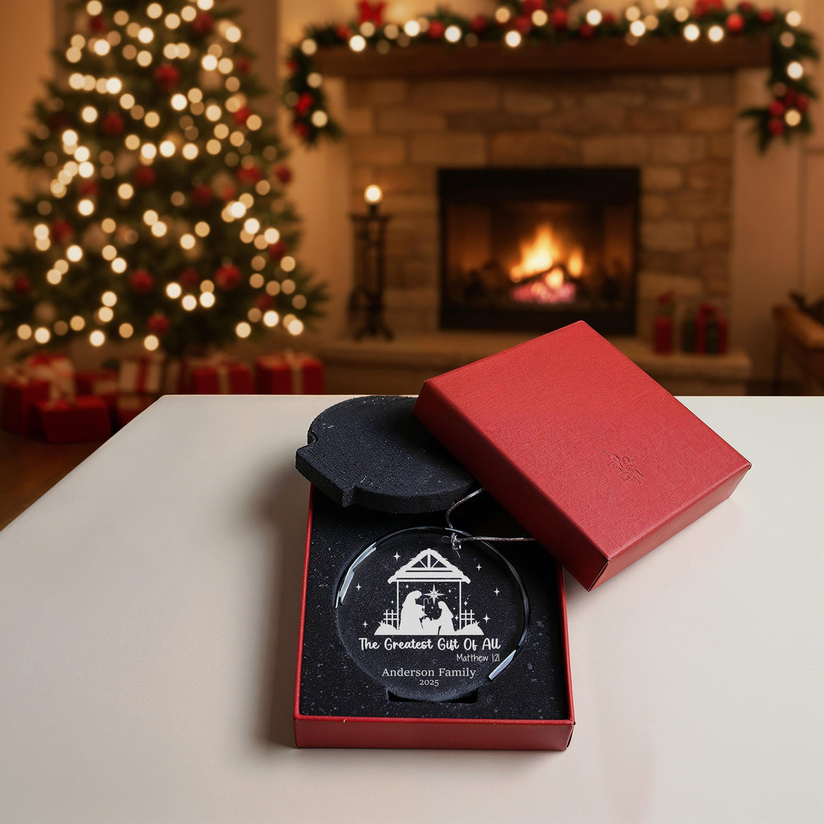 Custom Family Name Nativity Ornament, Engraved Crystal Keepsake