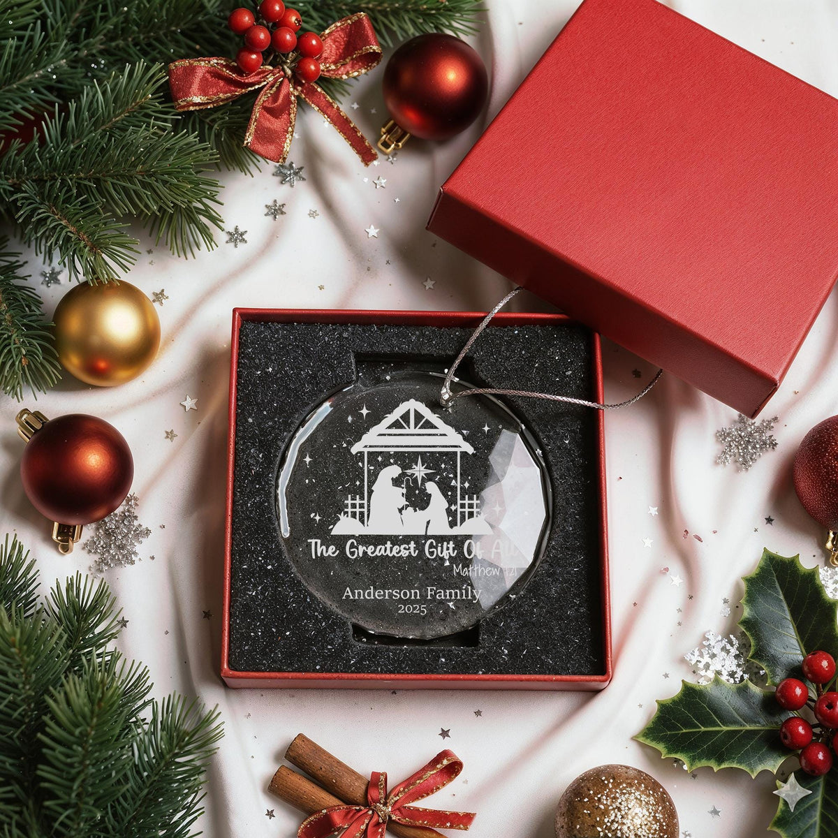 Custom Family Name Nativity Ornament, Engraved Crystal Keepsake
