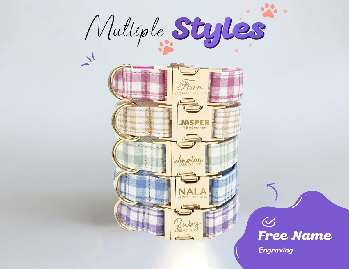 Personalized Plaid Pet Collar, Engraved Metal Buckle Dog Cat Collar With D-Ring