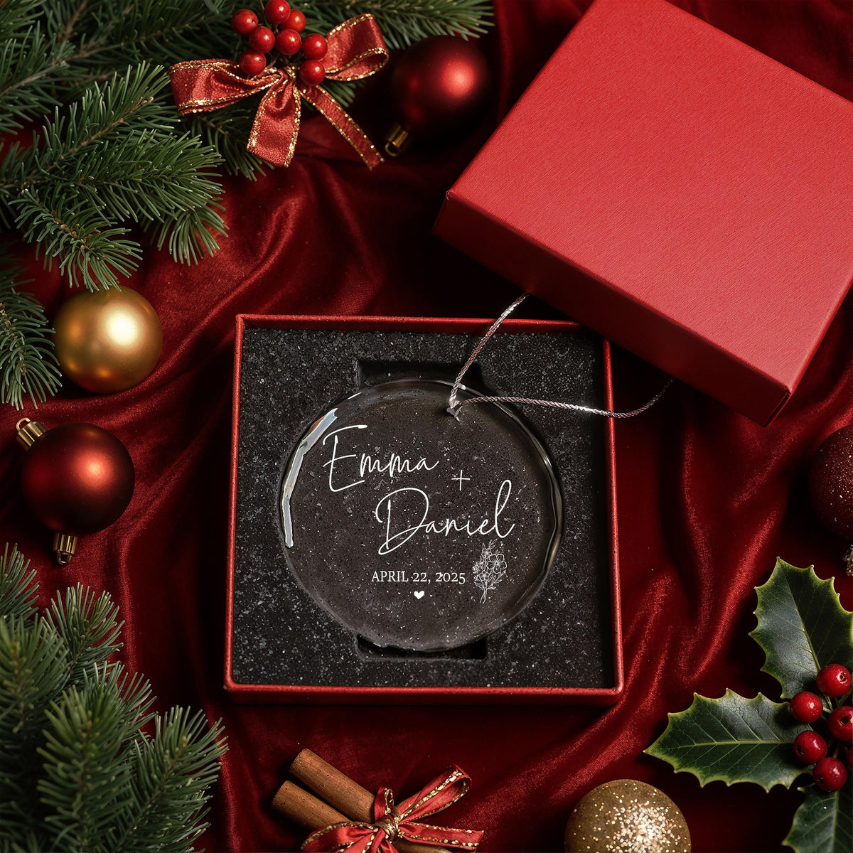 Personalized Name & Date Crystal Glass Ornament, Wedding Keepsake