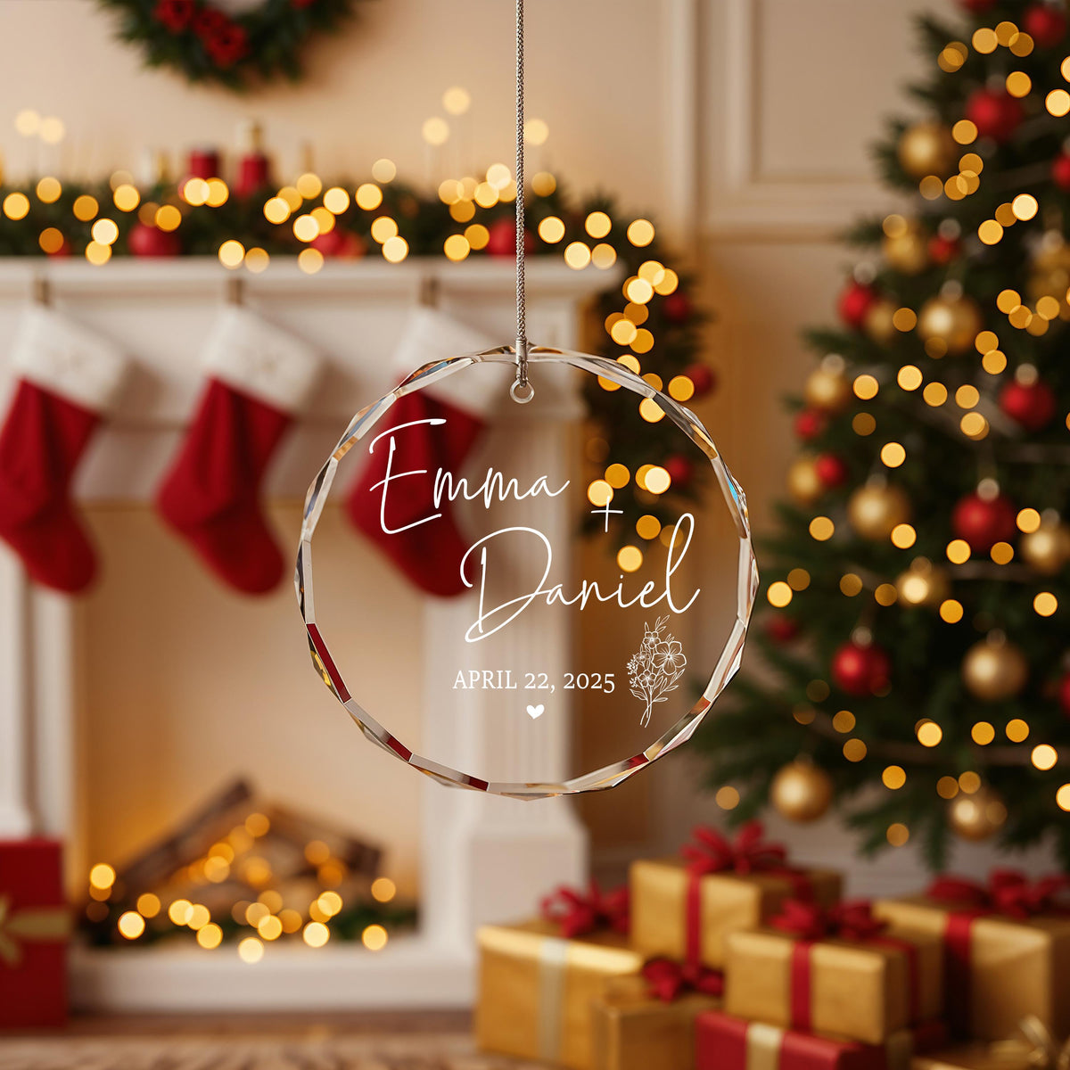 Personalized Name & Date Crystal Glass Ornament, Wedding Keepsake