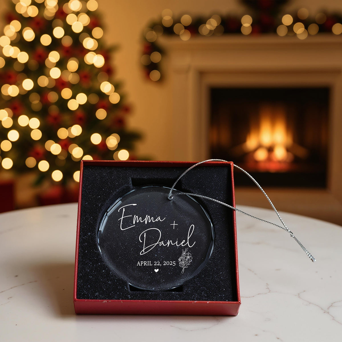 Personalized Name & Date Crystal Glass Ornament, Wedding Keepsake