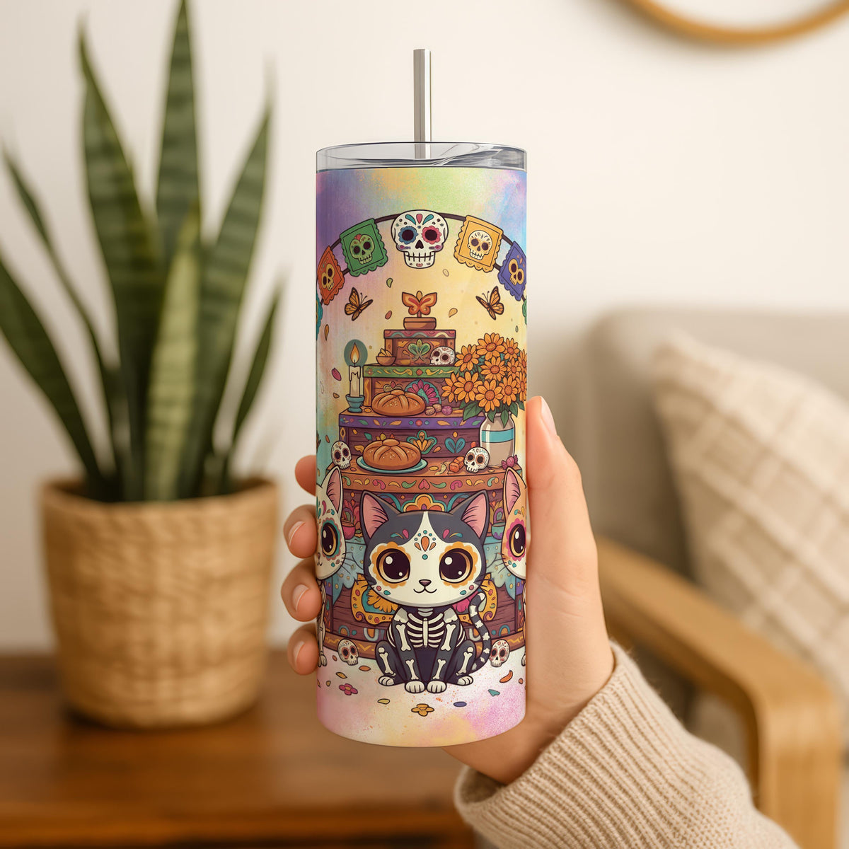 Sugar Skull Cat Tumbler, Día de Muertos Kitty Skinny Tumblers, Calavera Cats Drinkware