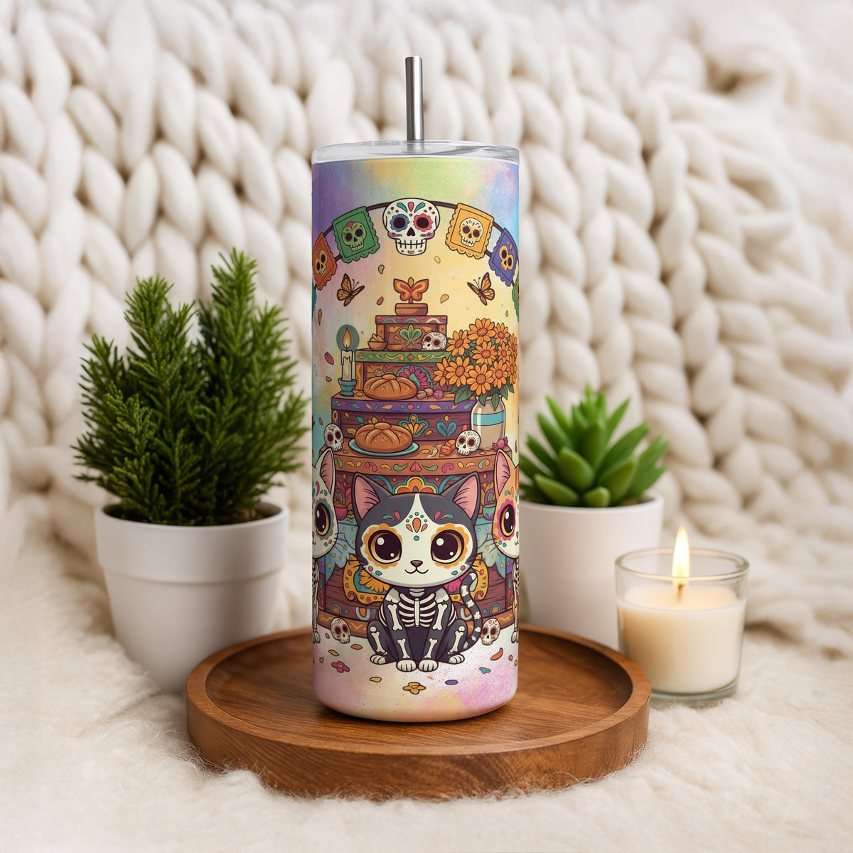 Sugar Skull Cat Tumbler, Día de Muertos Kitty Skinny Tumblers, Calavera Cats Drinkware