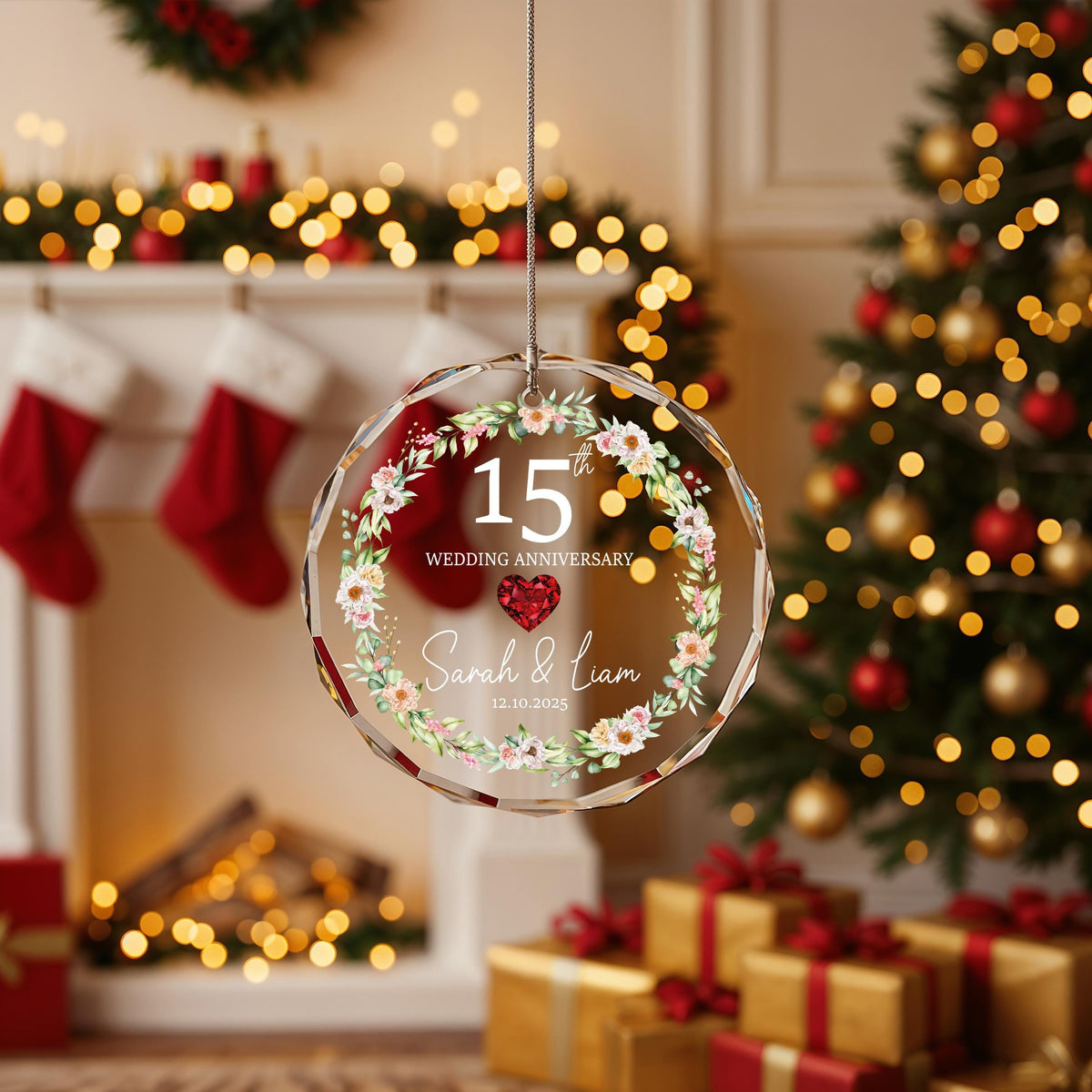 Custom Crystal Glass Anniversary Ornament, Floral Wreath Keepsake