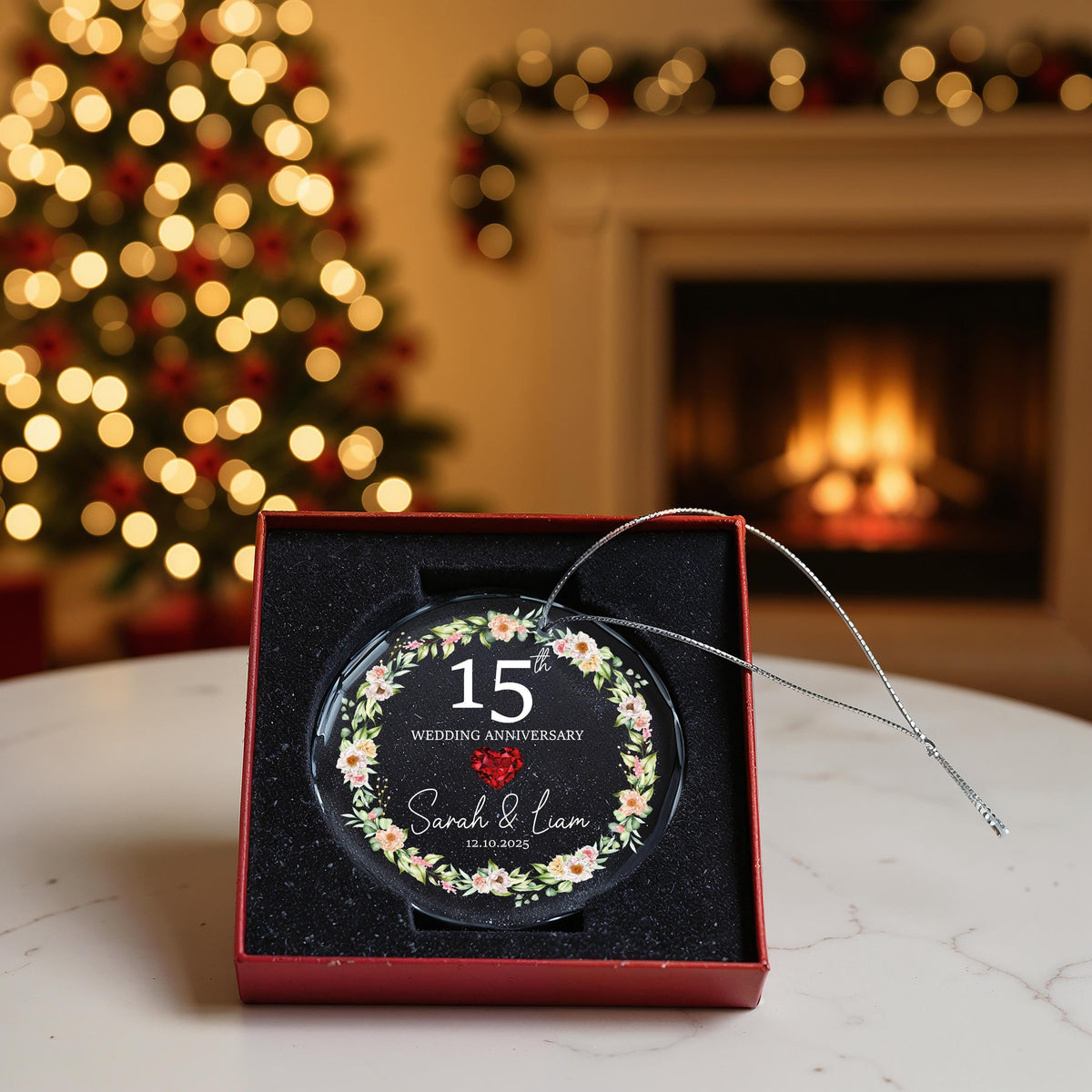 Custom Crystal Glass Anniversary Ornament, Floral Wreath Keepsake
