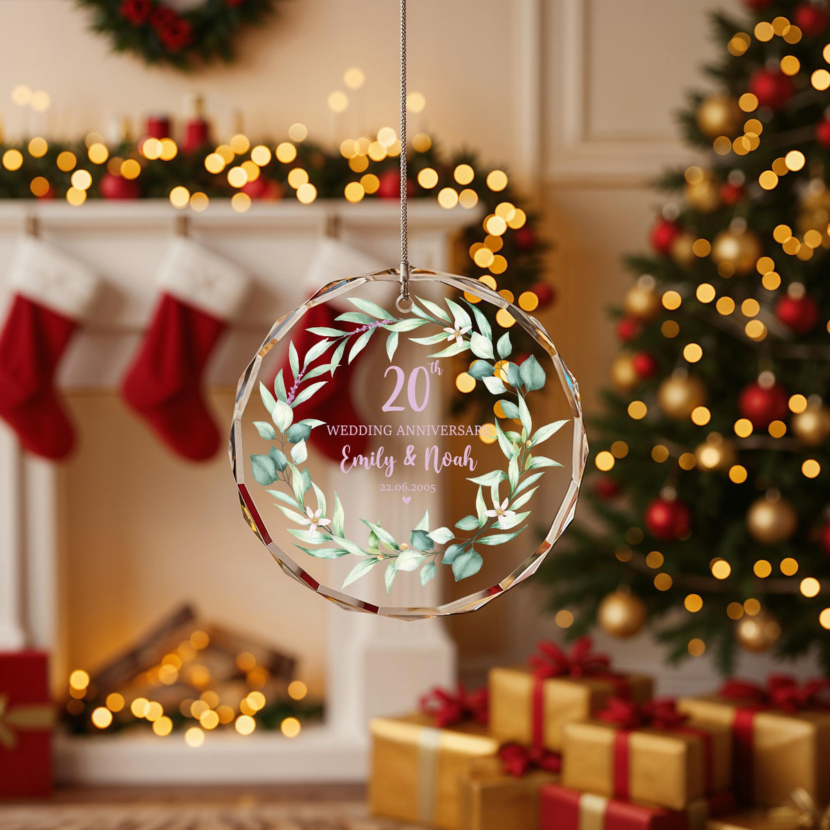 Custom Crystal Glass Anniversary Ornament, Greenery Wreath Keepsake