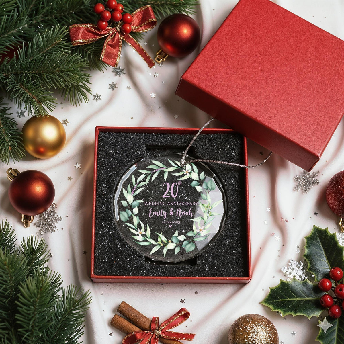 Custom Crystal Glass Anniversary Ornament, Greenery Wreath Keepsake