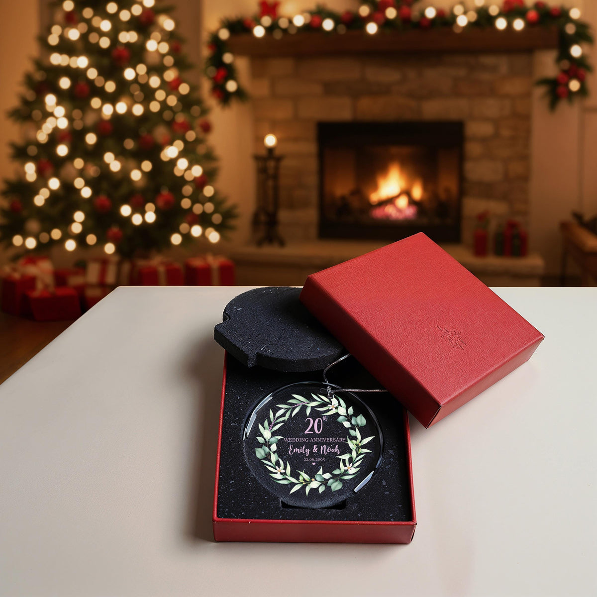 Custom Crystal Glass Anniversary Ornament, Greenery Wreath Keepsake
