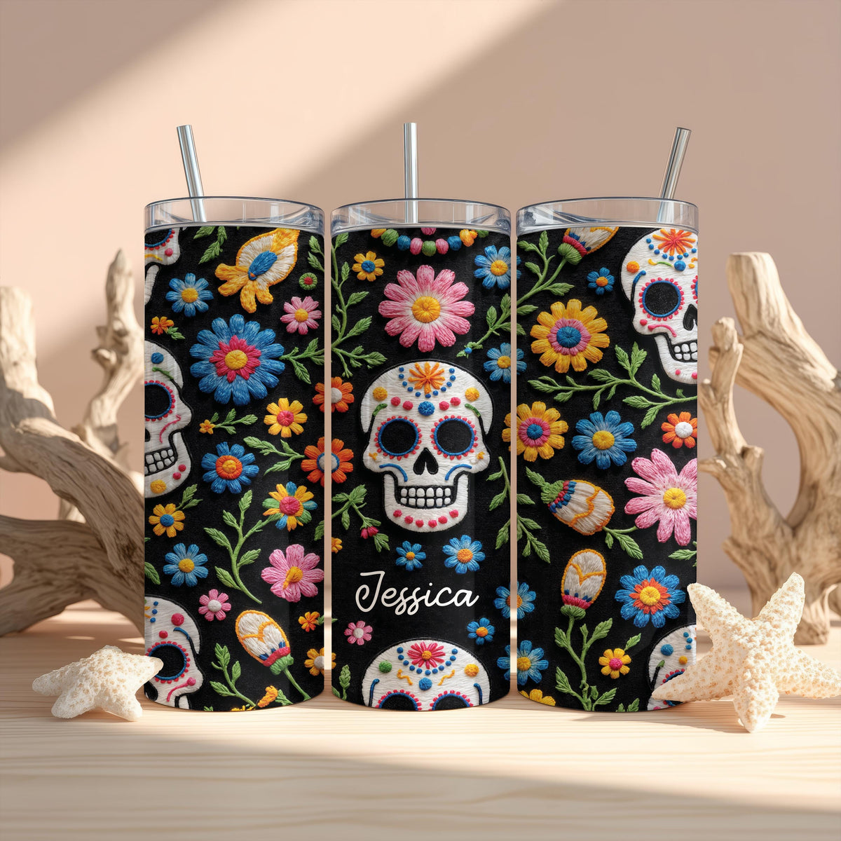 Personalized Sugar Skull Tumbler, Mexican Embroidery Flower Design Cup