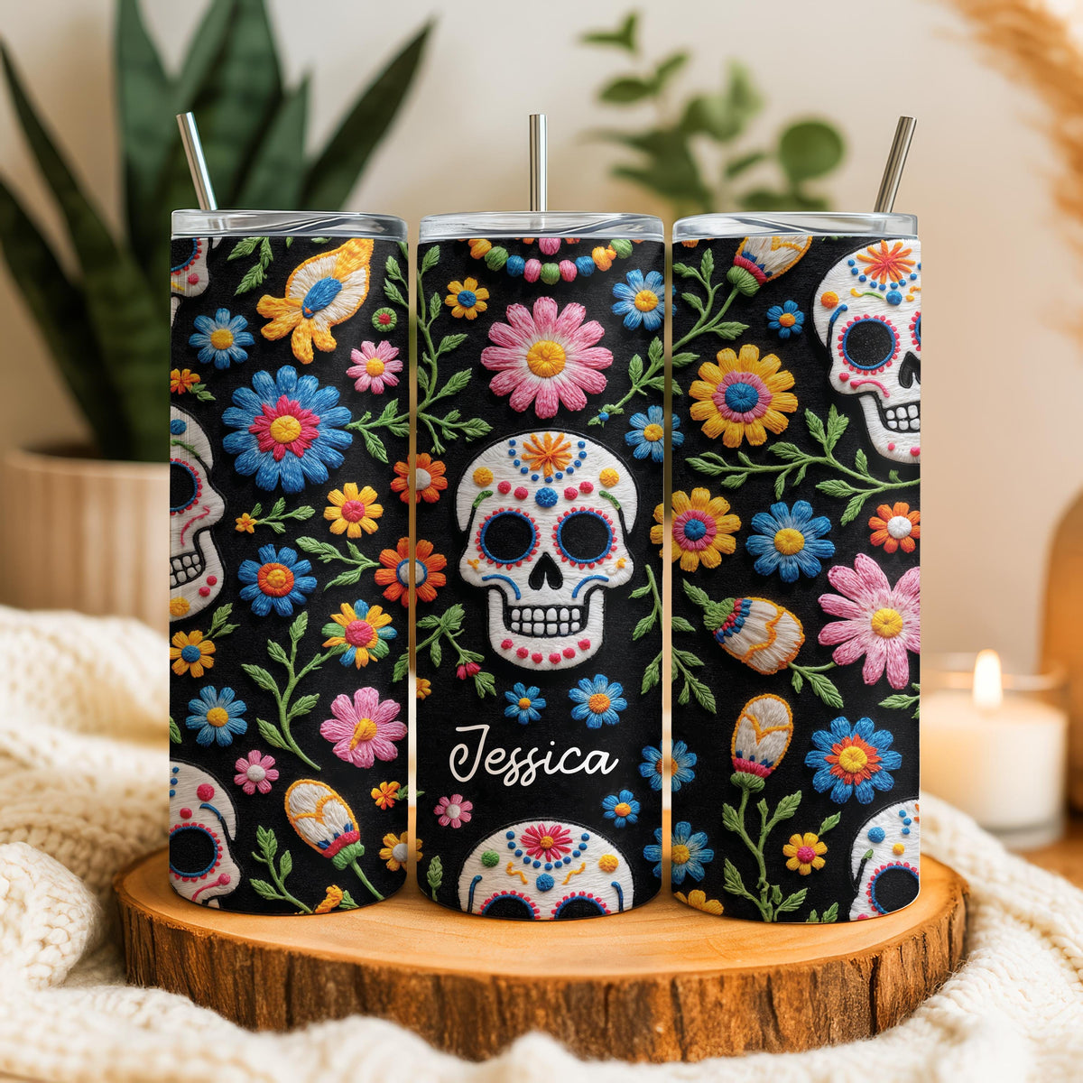 Personalized Sugar Skull Tumbler, Mexican Embroidery Flower Design Cup