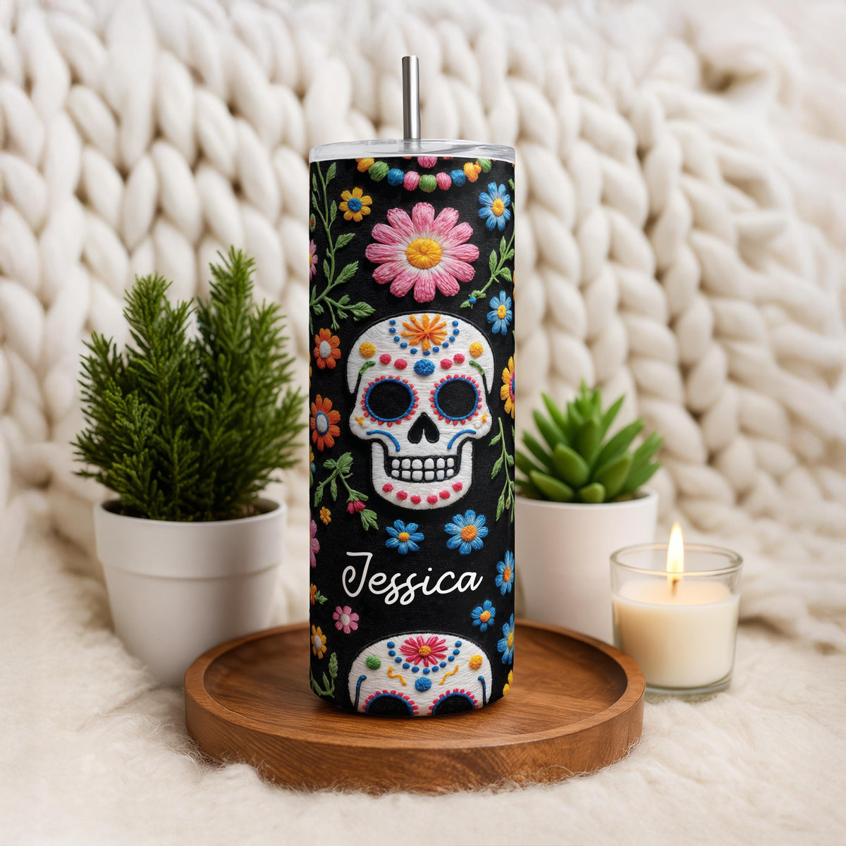 Personalized Sugar Skull Tumbler, Mexican Embroidery Flower Design Cup