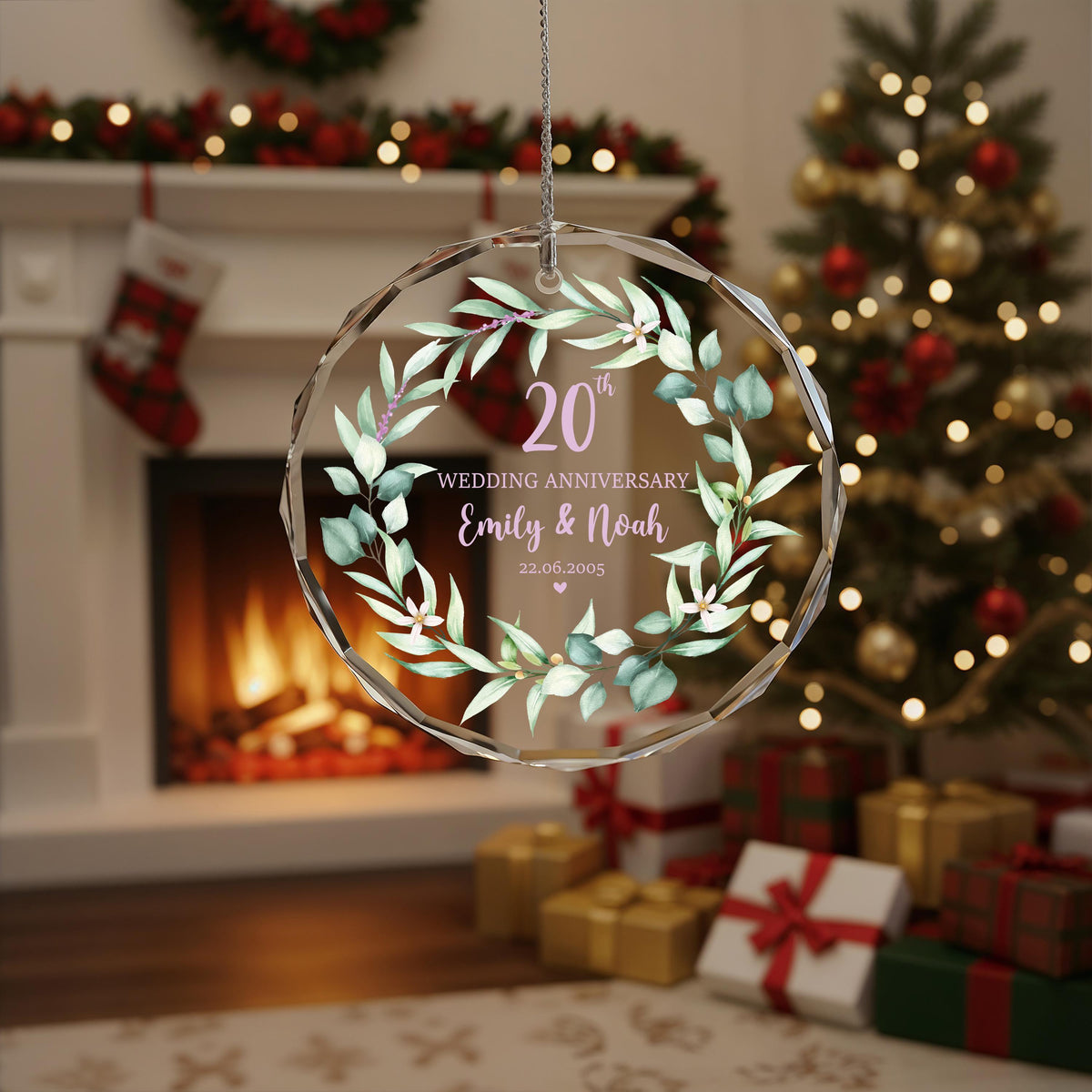 Custom Crystal Glass Anniversary Ornament, Greenery Wreath Keepsake