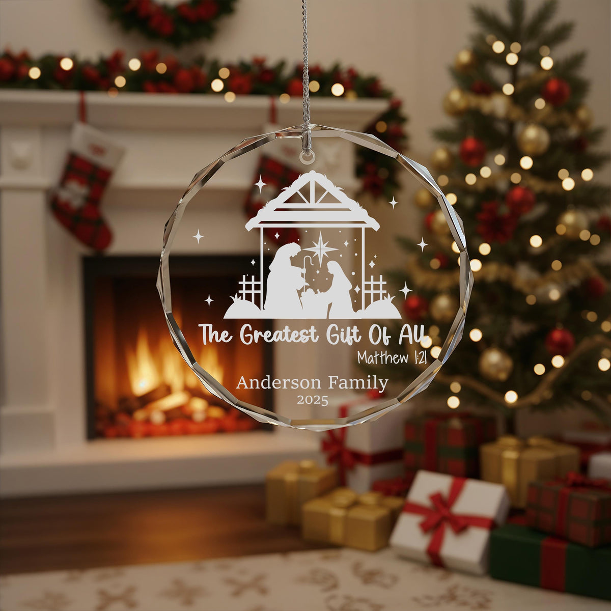 Custom Family Name Nativity Ornament, Engraved Crystal Keepsake