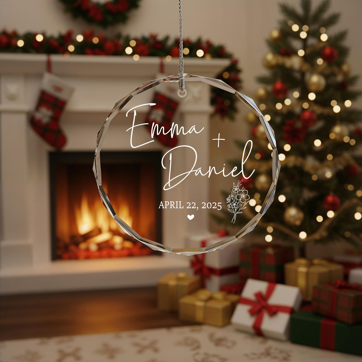 Personalized Name & Date Crystal Glass Ornament, Wedding Keepsake