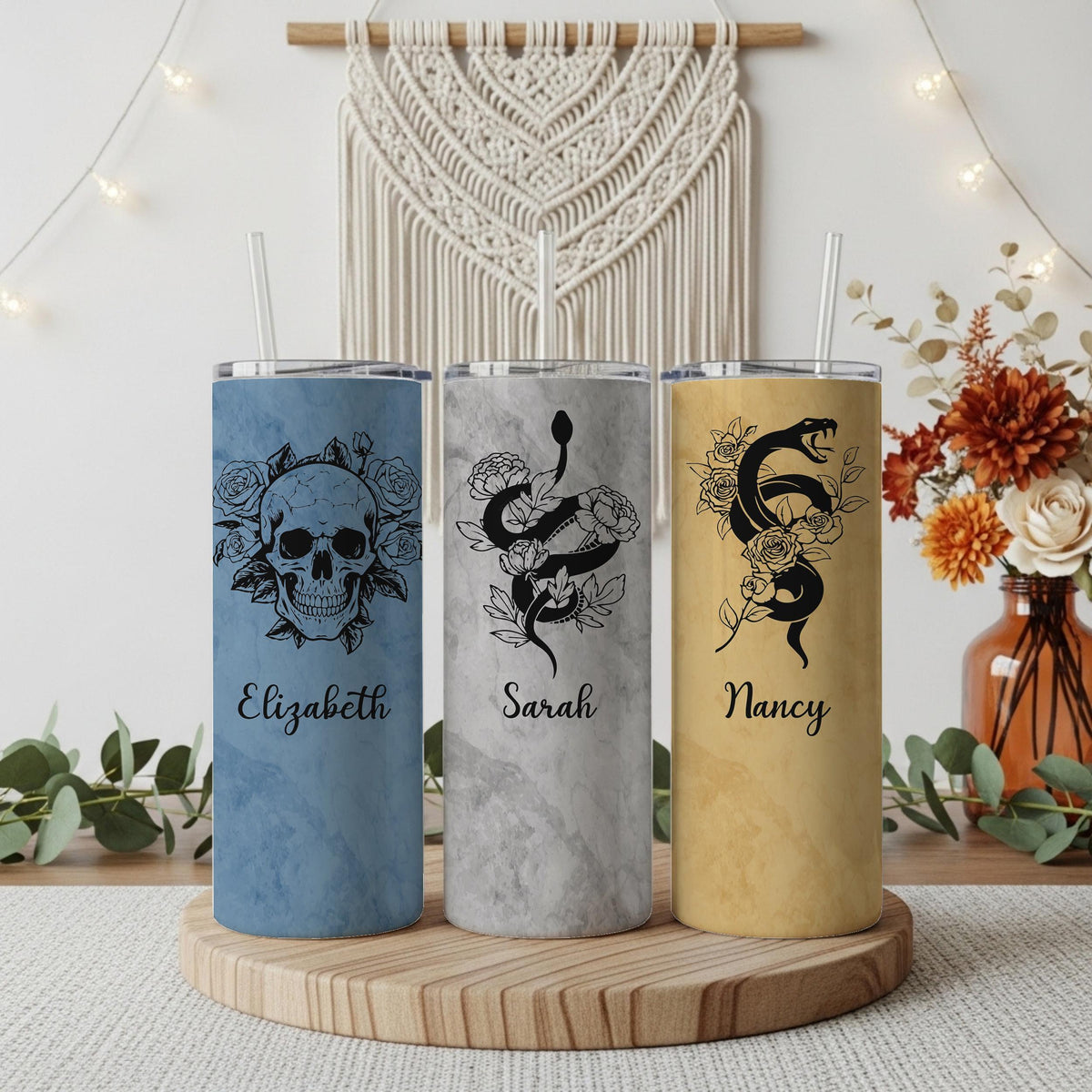 Customizable Snake And Skull Design Tumbler With Straw, Floral Gothic Theme Coffee Cup