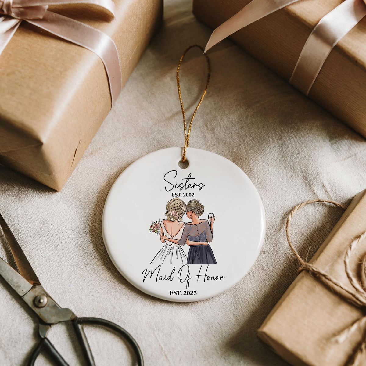 Personalized Date Maid Of Honor Ornament, Ceramic Sister Wedding Keepsake, MOH Proposal Gift
