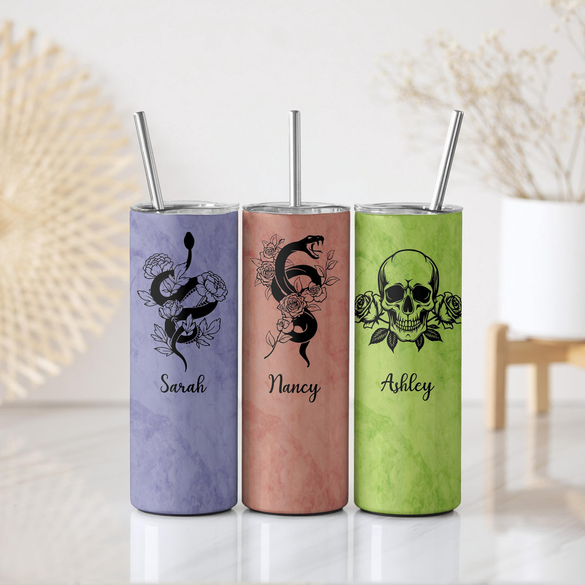 Customizable Snake And Skull Design Tumbler With Straw, Floral Gothic Theme Coffee Cup