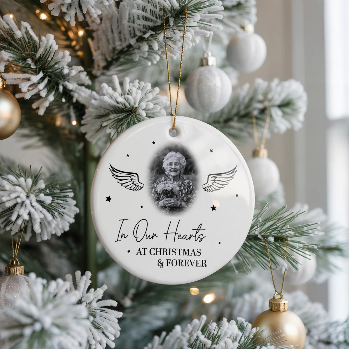 Custom Memorial Photo Ornament, Angel Wings, Ceramic Keepsake