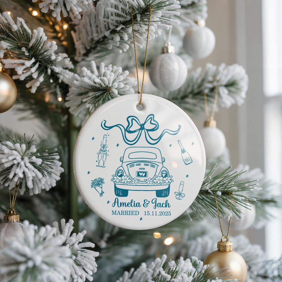 Personalized Wedding Ornament, Just Married Ceramic Keepsake