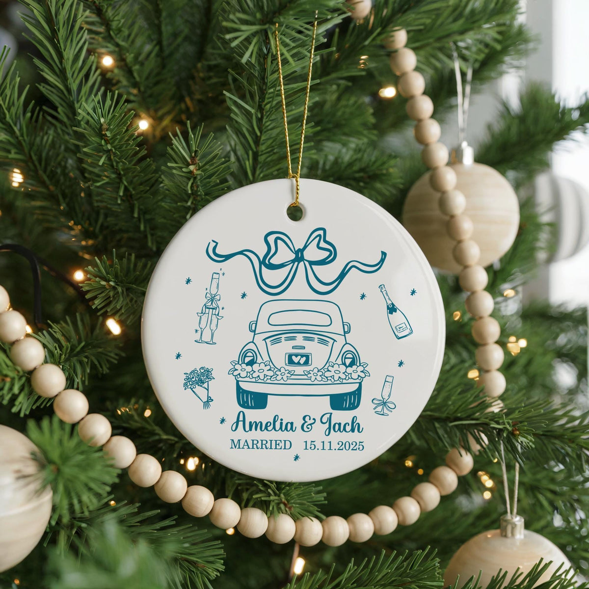 Personalized Wedding Ornament, Just Married Ceramic Keepsake