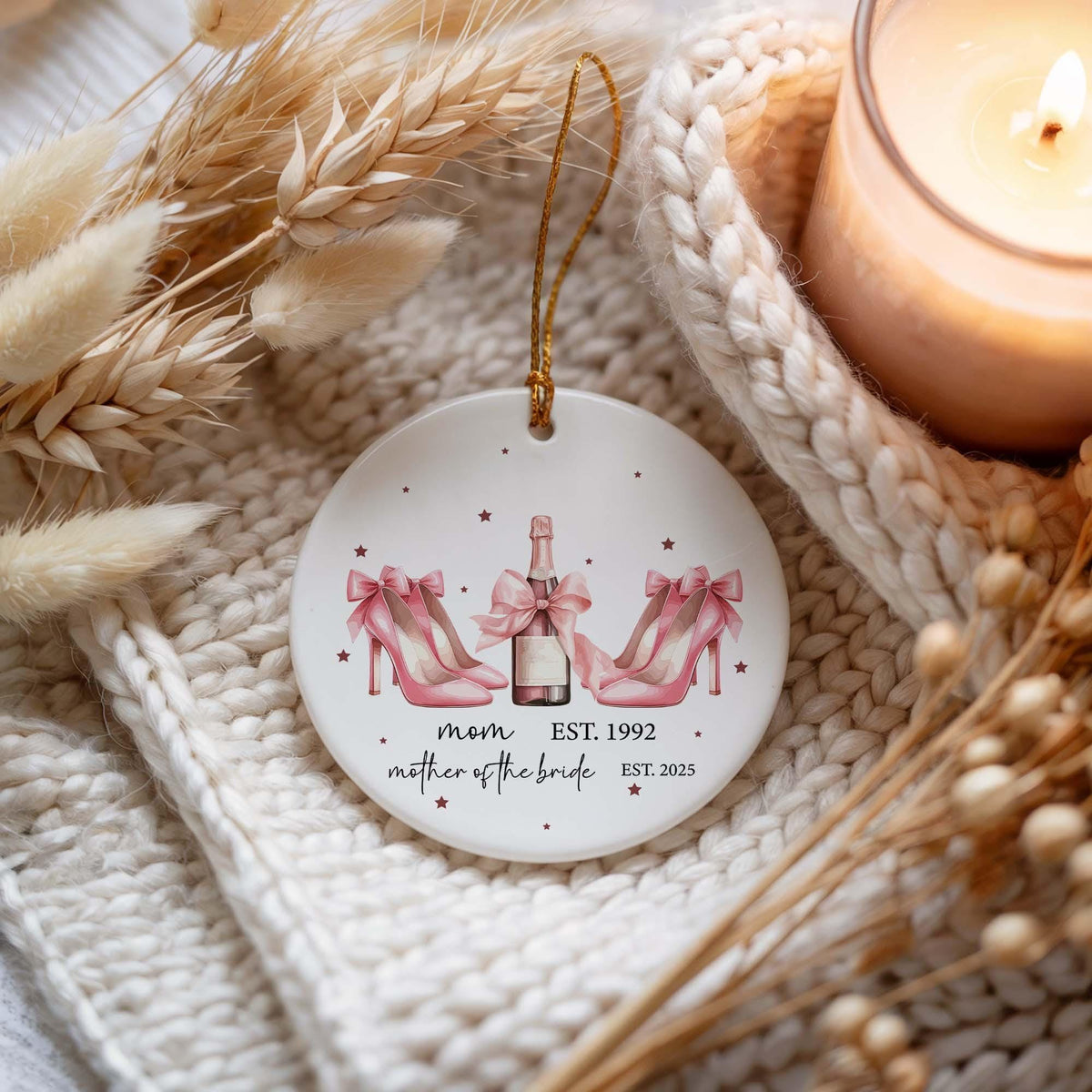 Personalized Mother Of The Bride Ornament, Pink Heels And Champagne Wedding Keepsake