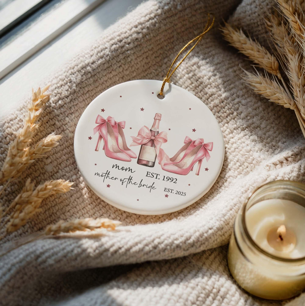 Personalized Mother Of The Bride Ornament, Pink Heels And Champagne Wedding Keepsake
