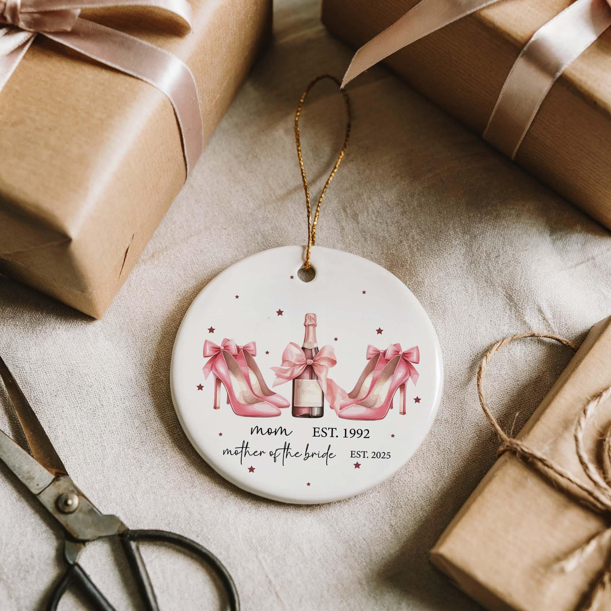 Personalized Mother Of The Bride Ornament, Pink Heels And Champagne Wedding Keepsake