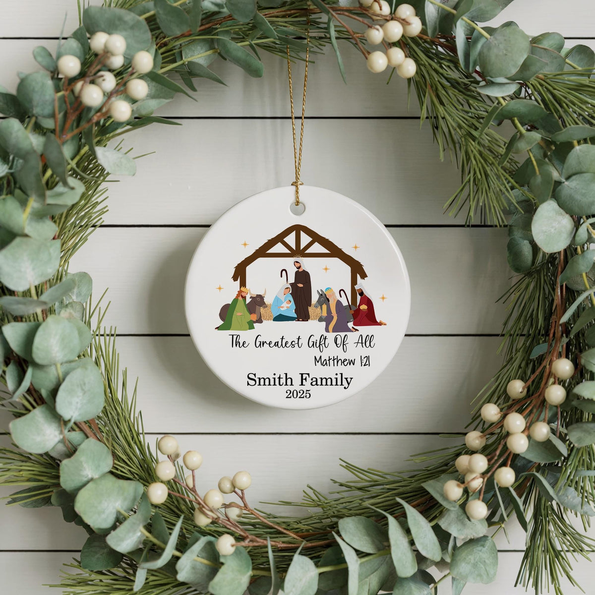 Greatest Gift of All Keepsake, Nativity Scene Christmas Ornament, Custom Family Name Keepsake