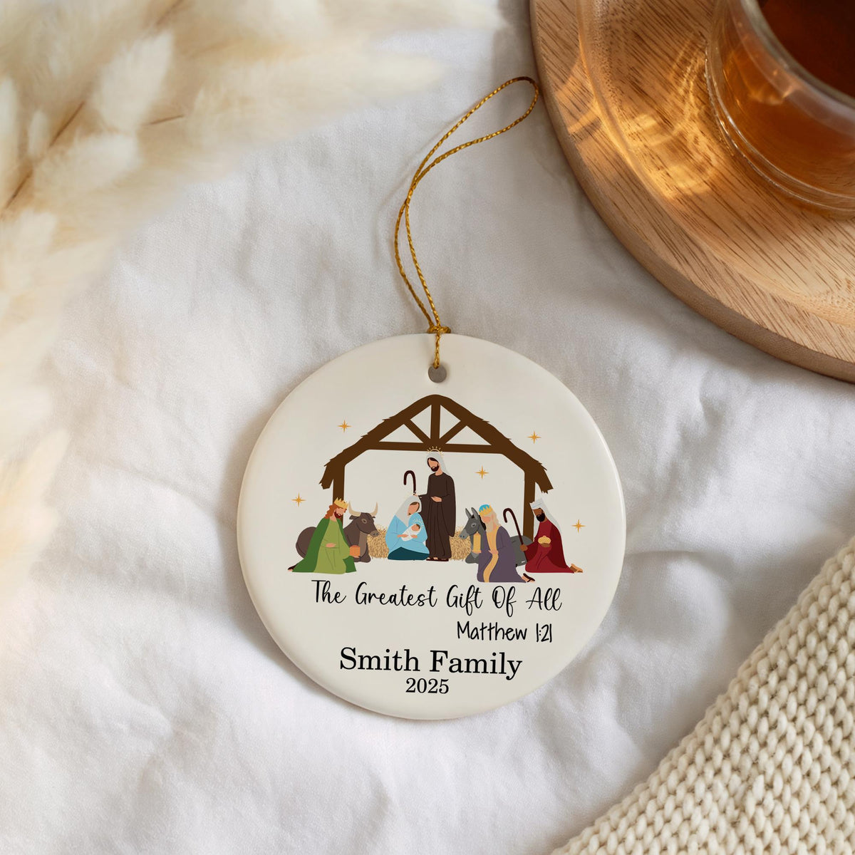 Greatest Gift of All Keepsake, Nativity Scene Christmas Ornament, Custom Family Name Keepsake